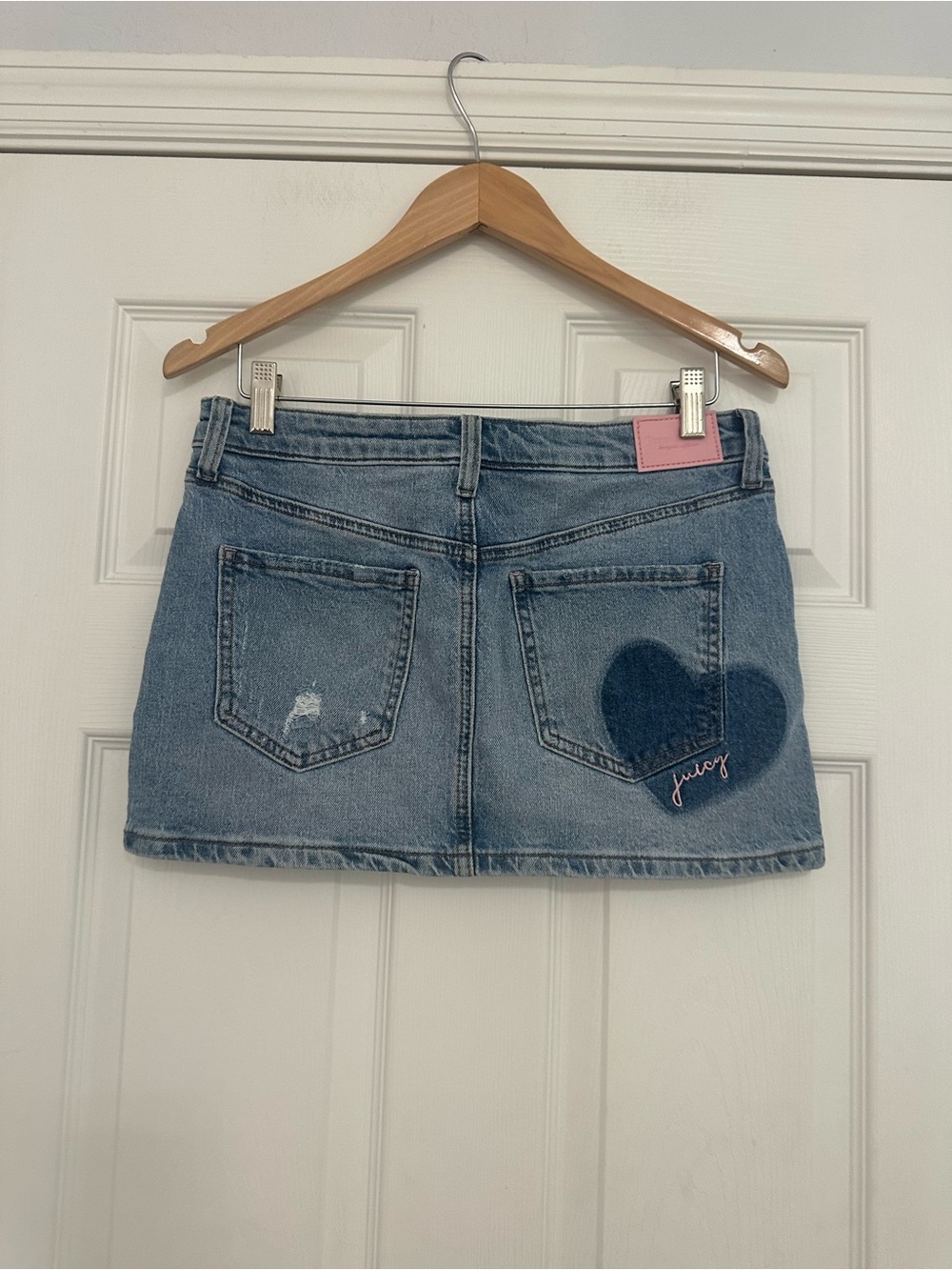 Juicy Couture Y2K blue denim Jean mini skirt with heart detail, size 3